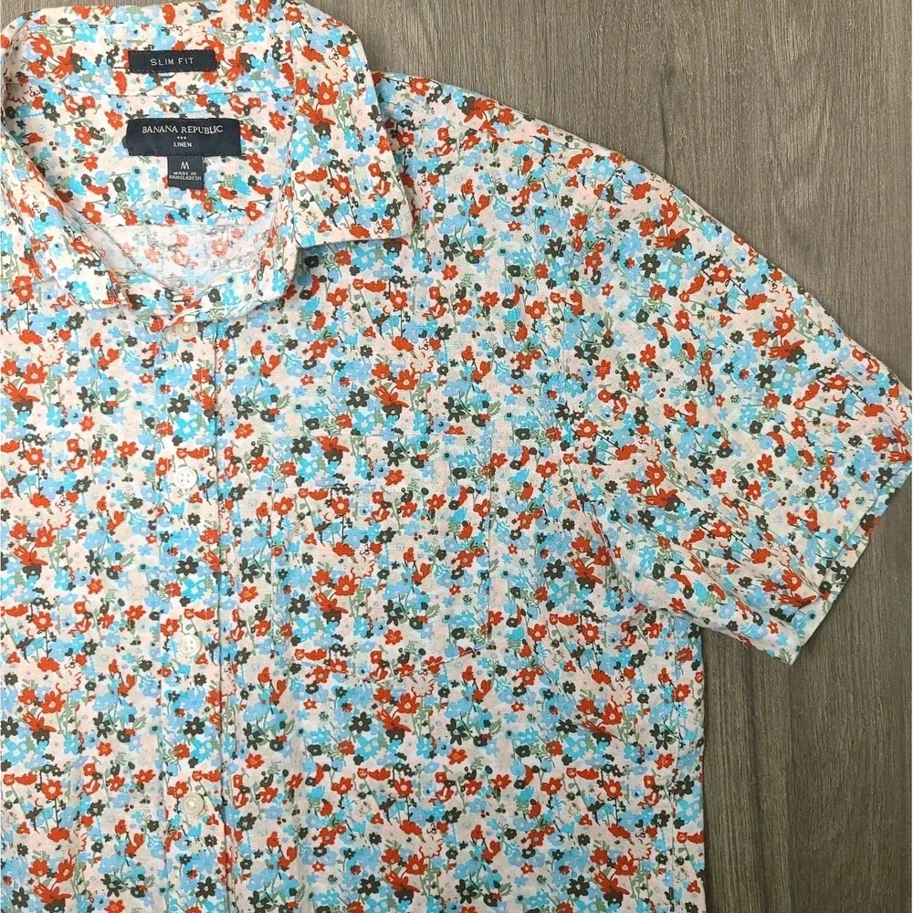 Banana Republic Slim Fit Floral Linen Cotton Button-Up Shirt Short Sleeve L